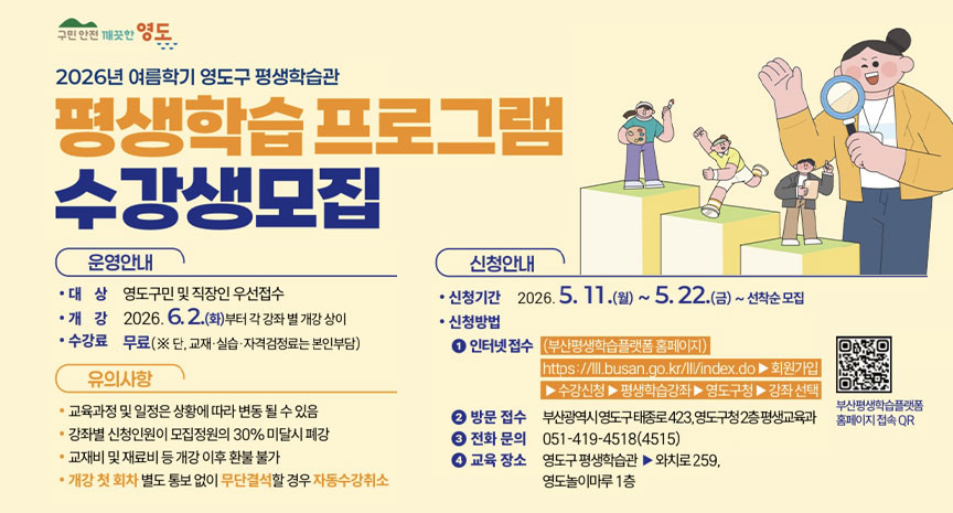 2026년 여름학기 영도구 평생학습관 평생학습 프로그램 수강생 모집 안내 배너. 운영안내: 대상은 영도구민 및 직장인 우선접수, 개강은 2026년 6월 2일부터 강좌별 개강, 수강료는 무료이며 교재·실습·자격검정료는 본인 부담. 유의사항: 교육과정 및 일정은 상황에 따라 변동될 수 있음, 강좌별 신청인원이 모집정원의 30% 미달 시 폐강, 교재비 및 재료비는 개강 이후 환불 불가, 개강 첫 회차 별도 통보 없이 무단결석할 경우 자동 수강취소. 신청안내: 신청기간은 2026년 5월 11일 월요일부터 5월 22일 금요일까지 선착순 모집, 신청방법은 부산평생학습플랫폼 홈페이지 인터넷 접수와 방문 접수 가능. 방문 접수 장소는 부산광역시 영도구 태종로 423, 영도구청 2층 평생교육과. 전화 문의는 051-419-4518(4515), 교육 장소는 영도구 평생학습관 및 와치로259, 영도놀이마루 1층. 오른쪽에는 평생학습을 상징하는 캐릭터 일러스트와 부산평생학습플랫폼 홈페이지 접속 QR코드가 배치되어 있음.